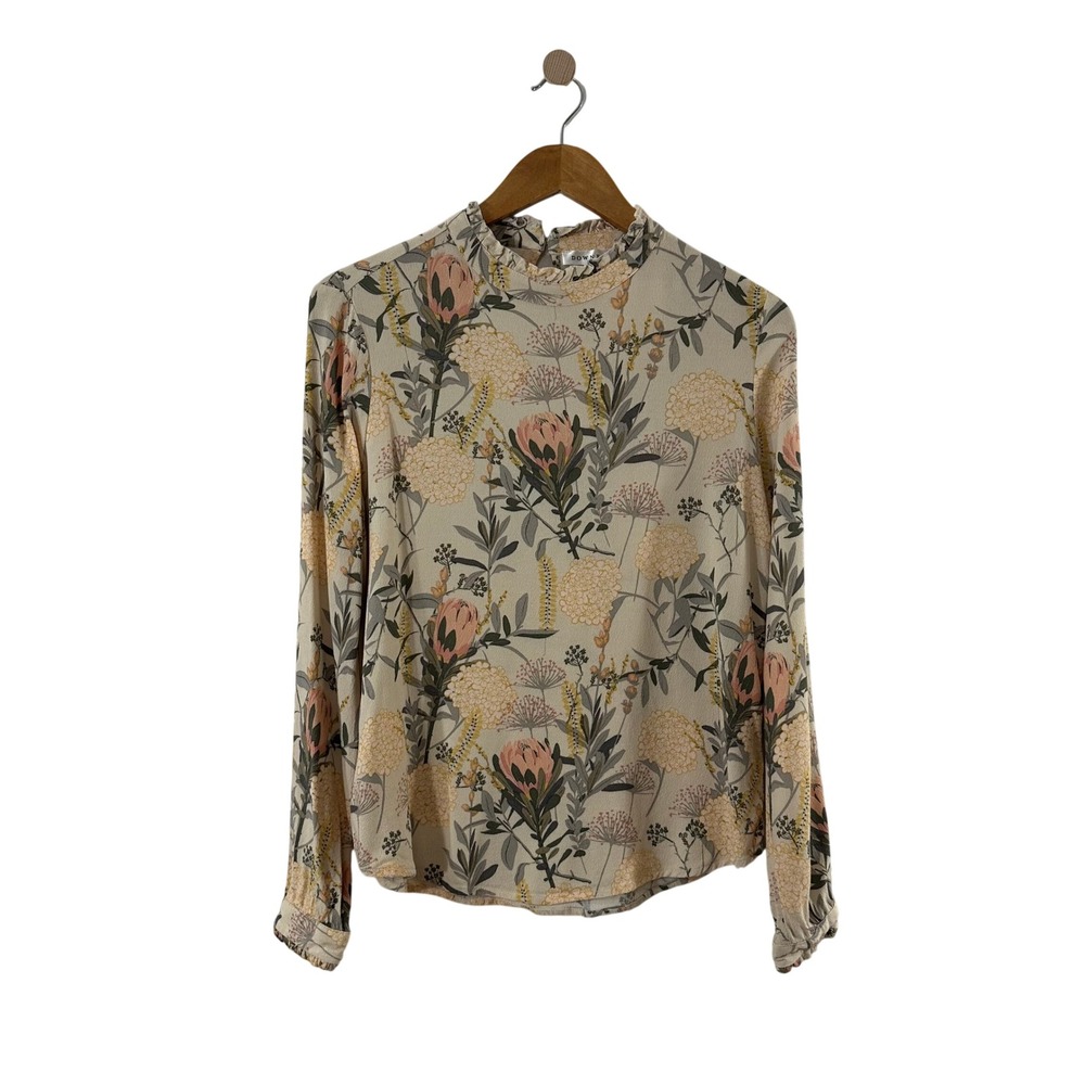 Downeast Floral Ruffle Neck Blouse Cream Pink Long Sleeve Top DB20010020 Small